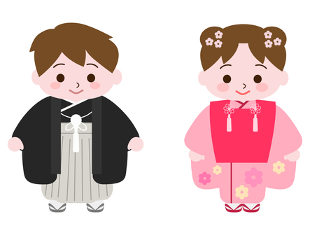 かわいい七五三のイラスト-人物2 七五三,着物,11月,秋,お祝い,行事,イベント,和,7歳,5歳のイラスト素材