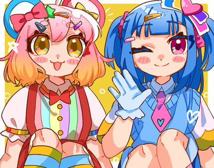 カラフルな2人の女の子 女の子,2人,カラフル,リボン,ハート,星,半袖,手袋,ヘアピンのイラスト素材
