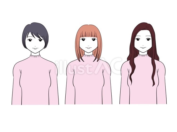 髪の長さが異なる女性3人　01 女性,人物,かわいいのイラスト素材