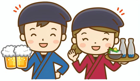 料理を運ぶ居酒屋の男女 飲食店,居酒屋,飲食業,店員,従業員,スタッフ,調理スタッフ,接客,ホール,作務衣のイラスト素材