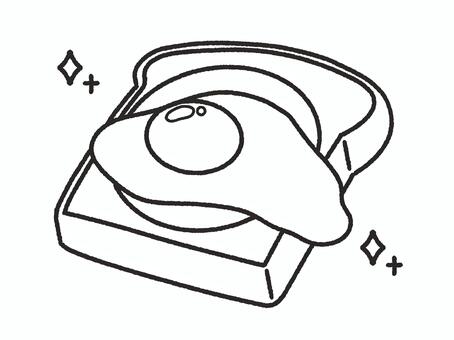 ハムと目玉焼きがのった食パン＿線画 パン,食パン,トースト,ハム,目玉焼き,ハムエッグ,卵,食べ物,朝ごはん,軽食のイラスト素材