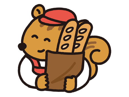 フランスパンを抱えるパン屋のリス リス,シマリス,小動物,動物,フランスパン,バケット,パン,紙袋,食事,食べ物のイラスト素材