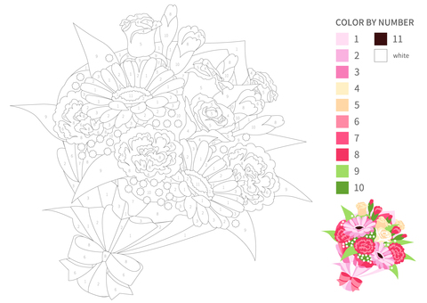 【数字塗り絵】花束 花束,塗り絵,数字塗り絵,花,植物,ガーベラ,カーネーション,バラ,かすみ草,リボンのイラスト素材