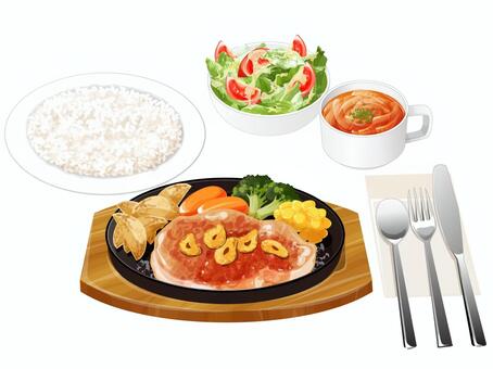 ポークステーキセット1 ステーキセット,ポークステーキ,ファミレス,料理,食べ物,ステーキ,オニオンスープ,サラダ,ライス,ポテトのイラスト素材