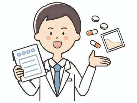 薬の説明をする白衣の男性 紹介,案内,説明,教える,アドバイス,重要,医者,医師,男性,男のイラスト素材
