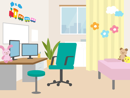 小児科の診察室 診察室,小児科,病院,診察,子供向け,ぬいぐるみ,イラスト,かわいい,雲,花のイラスト素材