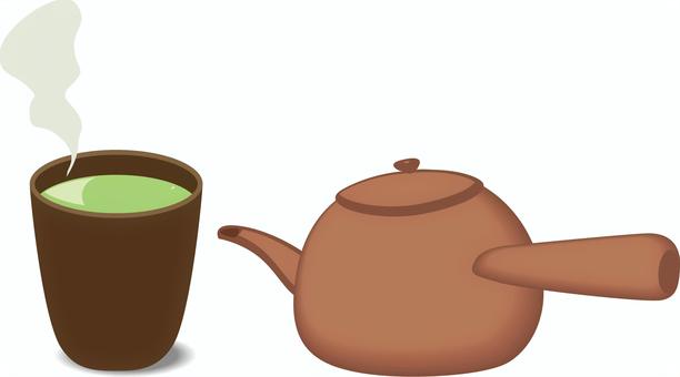 緑茶きゅうす 緑茶きゅうす 緑茶,熱い,湯気,湯呑,きゅうす,陶器,和,一息,休憩のイラスト素材