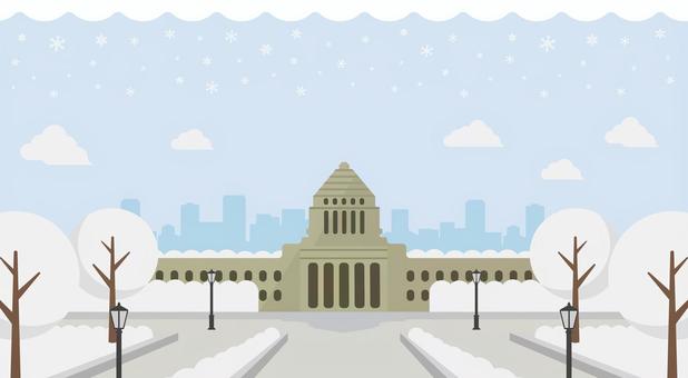 日本の国会議事堂イラスト / 冬・雪景色 国会議事堂,政治,冬,日本,東京,議会,雪景色,永田町,国会,参議院のイラスト素材