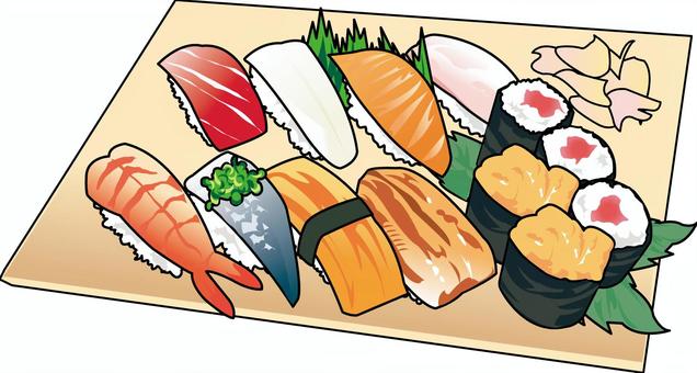 寿司 マグロ,エビ,玉子,のり巻き,サーモン,アナゴ,アジのイラスト素材