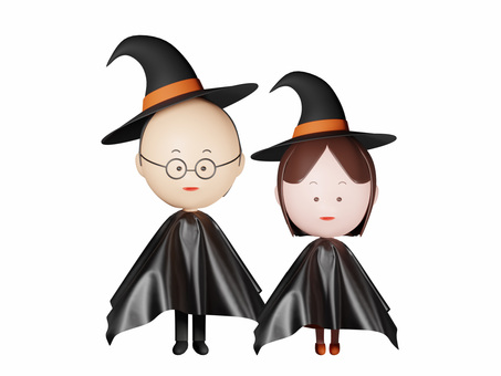 ハロウィン魔女の仮装をした親子全身 ハロウィン,仮装,魔女,おばけ,秋,親子,halloween,かわいい,帽子,デフォルメのイラスト素材