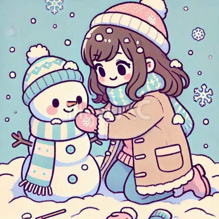 雪だるまを作っている女の子 女の子,雪,雪だるまのイラスト素材