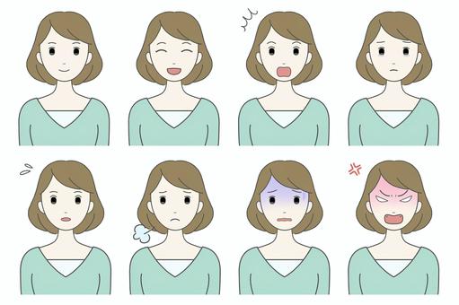 女性の表情／喜怒哀楽（若い女性）	 表情,喜怒哀楽,女性,主婦,20代,30代,イラスト,アイコン,顔,アバターのイラスト素材