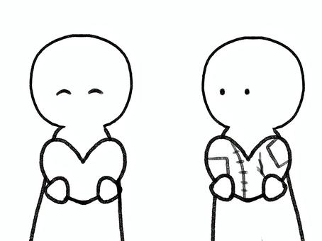 ハートの相違点 棒人間,人物,ハート,格差,相違点,ぼろぼろ,つぎはぎ,手描き,落書き,表情のイラスト素材