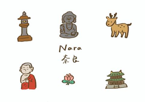 手描き奈良モチーフセット 奈良,nara,寺,大仏,鹿,僧侶,灯籠,蓮,建物,観光のイラスト素材