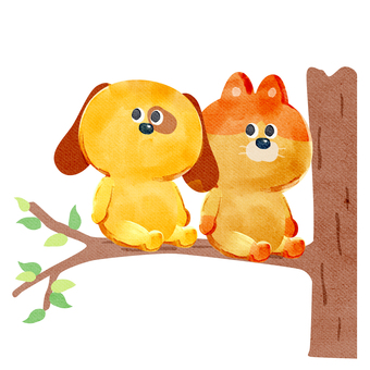 水彩画_木の枝に座る動物_02 犬,猫,動物,手描き,水彩画,水彩,水彩風,水彩画風,枝,木のイラスト素材