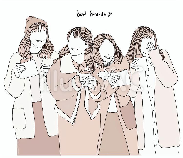 線画　仲良し女子　友達　旅行　ピンク 女の子,女性,学生のイラスト素材