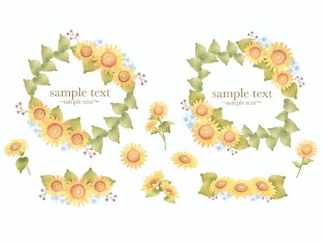 くすみひまわりのフレーム(文字あり) ひまわり,向日葵,夏,爽やか,リース,フレーム,おしゃれ,かわいい,可愛い,お花のイラスト素材