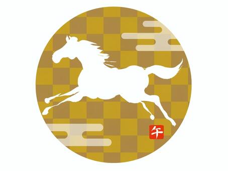 馬のシルエットと金の市松模様と雲 午,午年,シルエット,馬,ワンポイント,年賀状,2026,２０２６年,金,金色のイラスト素材