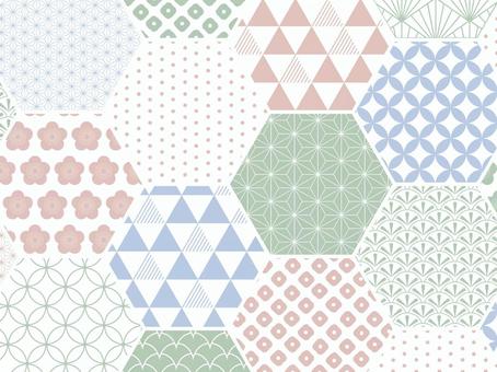 亀甲配置の和柄背景 亀甲,青,ピンク,緑,年賀状,新年,謹賀新年,梅,鱗,鹿の子のイラスト素材