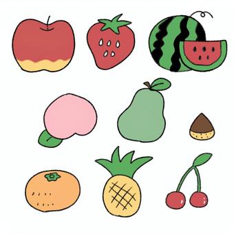 フルーツ フルーツ,食べもの,手書き,ゆるかわ,リンゴ,スイカ,苺,桃,パイナップルのイラスト素材