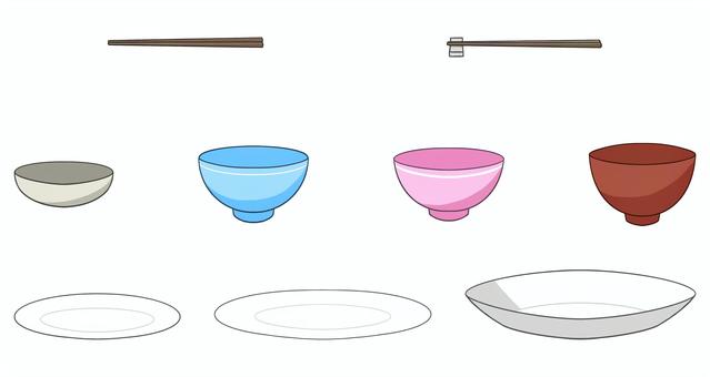 皿・茶碗・お椀・箸の食器セット 食器,セット,皿,平皿,大皿,小皿,茶碗,お椀,箸,箸置きのイラスト素材