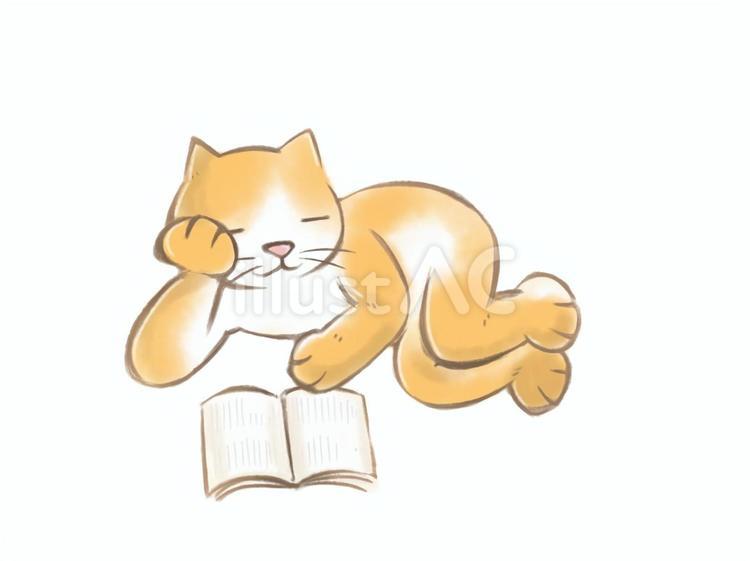 寝転がり肘枕で本を読む猫 猫,読書,本のイラスト素材