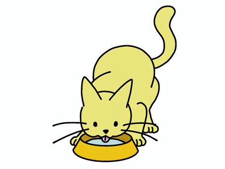 水を飲むネコちゃん（黄色） 水,飲む,ネコ,ねこ,猫,動物,ペット,かわいい,シンプル,手描きのイラスト素材