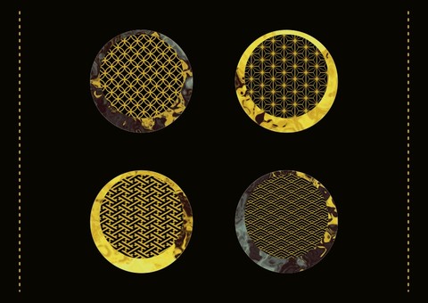 マーブル和柄の金黒円形フレームセット フレーム,飾り枠,デザイン,エレメント,流体,リキッド,和柄,円形,丸,金のイラスト素材