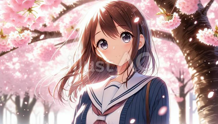 春の桜吹雪を背景に制服姿の笑顔の女子高生 女子高生,桜,春のイラスト素材