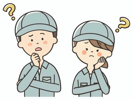 考える作業員の男女 考える作業員の男女 考える,困る,不安,悩む,はてな,迷う,作業員,清掃員,男性,男のイラスト素材