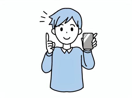 スマホを持ち説明をする人 男性,スマホ,画面,見せる,持つ,教える,説明,笑顔,提案,片手のイラスト素材