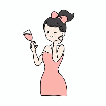 ドレスを着た女性 パーティ,女の子,女性,ドレス,乾杯,お酒,ポニーテール,リボン,おしゃれ,ファッションのイラスト素材