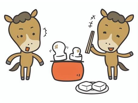 お餅を焼くかわいい馬（茶色馬） 馬,午年,お正月,お餅,焼く,火鉢,箸,動物,干支,年賀状のイラスト素材