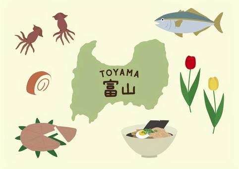 富山イラストセット 富山,チューリップ,スルメイカ,ブラックラーメン,ます寿司,かまぼこ,ブリ,地図,ご当地,観光地のイラスト素材