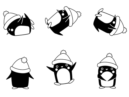 帽子をかぶったかわいいペンギン ペンギン,かわいい,キャラクター,イラストセット,動物,鳥,雪,冬小物,子ども向け,ポーズのイラスト素材