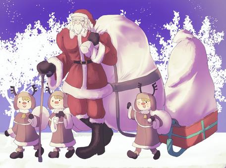 サンタクロースとトナカイ達１ サンタクロース,クリスマス,トナカイ,プレゼント袋,老人,子供,イラストのイラスト素材