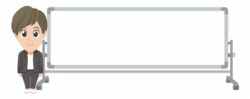 ホワイトボード傍に立つ若いビジネス女性① 先生,教師,教員,指導員,スーツ,仕事着,ビジネス,会社,社会人,ホワイトボードのイラスト素材