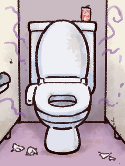 汚れた公衆トイレの個室のイラスト 汚い,汚れた,トイレ,公衆トイレ,衛生問題,洋式トイレ,掃除前,不衛生,施設,不快のイラスト素材