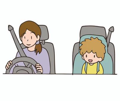 小さな子を連れてマイカーでお買い物 ドライブ,子供,幼児,チャイルドシート,シートベルト,助手席,席,車,移動,送迎のイラスト素材