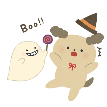 ハロウィンおばけに驚く犬 ハロウィン,犬,おばけ,驚く,驚かす,帽子,キャンディ,動物,秋,booのイラスト素材