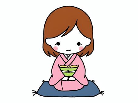 新年の挨拶をする着物の女性 女性,着物,お辞儀,挨拶,正座,正月,新年,年賀状,手描き,シンプルのイラスト素材