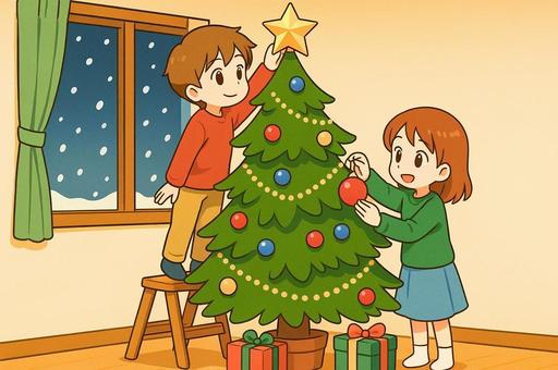クリスマスツリーの飾り付けをする子ども
