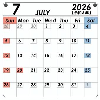 2026年7月　カレンダー カレンダー,7月,2026年,スケジュール,予定表,シンプル,英語のイラスト素材