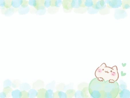 ハートと猫イラストの水彩フレーム（緑色） 背景,フレーム,水彩,滲み,パステルカラー,淡い,素材,イラスト,コピースペース,テキストスペースのイラスト素材