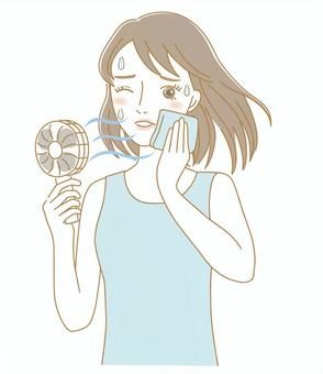 ハンディファン　女性　汗 ハンディファン,女性,人物,扇風機,汗,汗かき,風,暑い,夏,ハンカチのイラスト素材