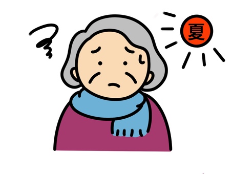 夏に厚着をしているおばあちゃん シニア,高齢者,介護,介護施設,70代,80代,人,手書き,イラスト,人物のイラスト素材