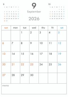 2026年9月カレンダー-縦 カレンダー,2026年,2026,1か月,3か月,令和8年,暦,日曜始まり,祝祭日,祝日のイラスト素材