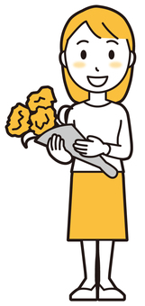  ロングヘア女性(黄)-028-全身 花束,女性,女の子,人物,かわいい,花,プレゼント,お祝い,記念日,ブーケのイラスト素材