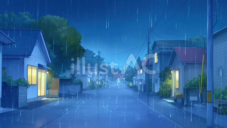 雨の降る夜の静かな住宅街 雨,夜,静けさのイラスト素材