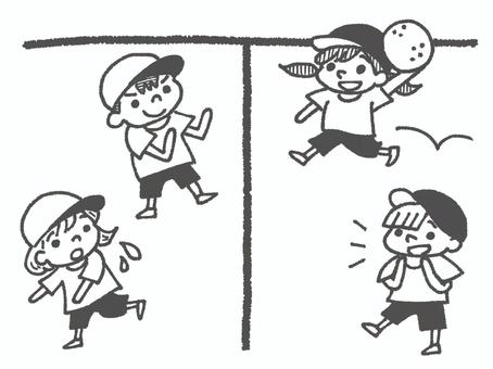 ドッジボールをする子どもたち（白黒） ドッジボール,球技,投げる,子供,男の子,女の子,体操服,赤白帽,体育,スポーツのイラスト素材